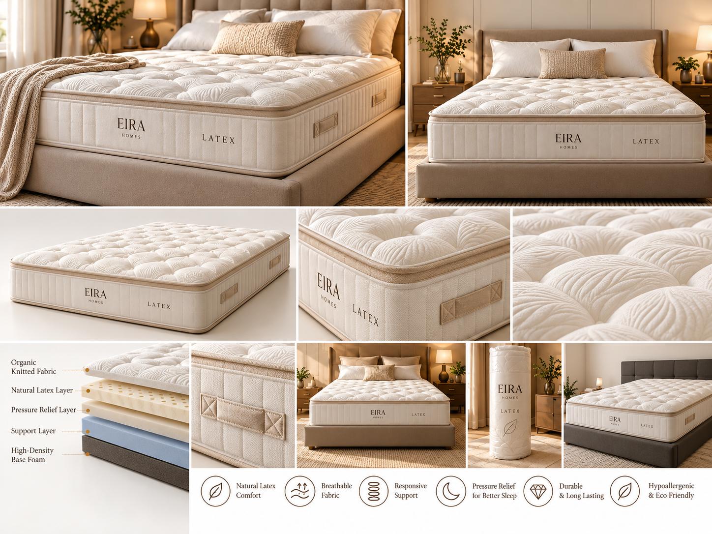 Eira Latex Mattress Product Showcase Eira Latex mattress ecommerce showcase with product angles, natural latex layers and close-up details