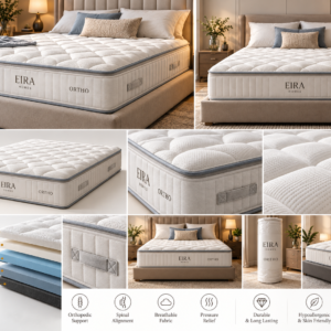 Eira Ortho mattress ecommerce showcase with supportive comfort layers, product angles and close-up details