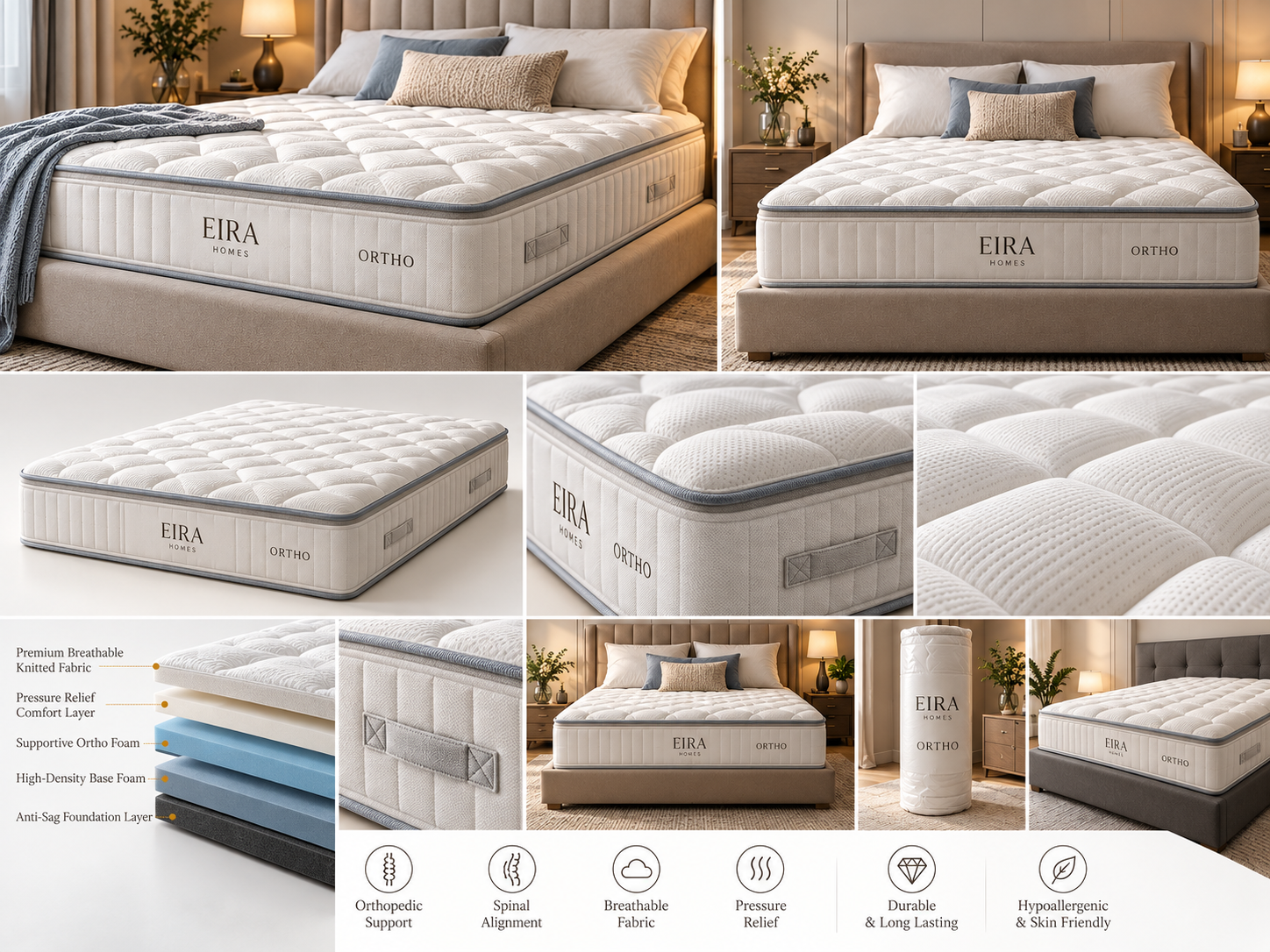 Eira Ortho Mattress Product Showcase Eira Ortho mattress ecommerce showcase with supportive comfort layers, product angles and close-up details