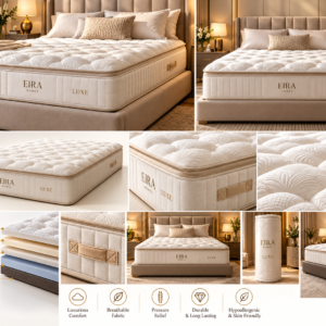 Eira Luxe mattress ecommerce showcase with luxury bedroom views, plush layers and premium product details