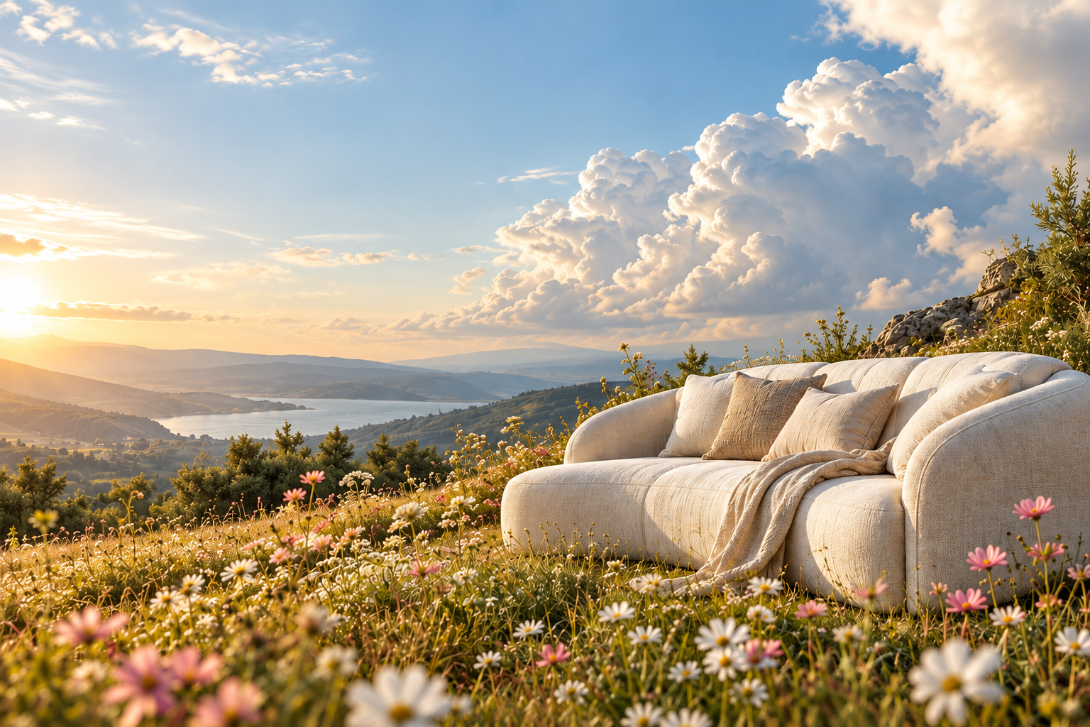 An ivory linen sofa in a sunlit wildflower meadow — Eira Homes campaign concept