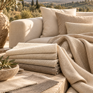 Neutral sofa fabric swatches and draped upholstery textiles in warm natural light
